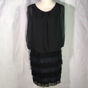 Aiden Mattox Black Cocktail Party  Dress Top Tiers Of Fringe & Lace Skirt 10